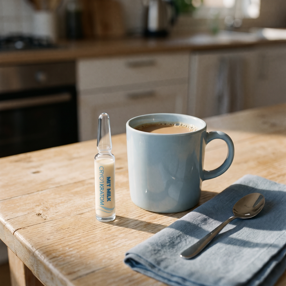 MIT MILK ampoule beside coffee in a blue ceramic mug on a sunlit kitchen table