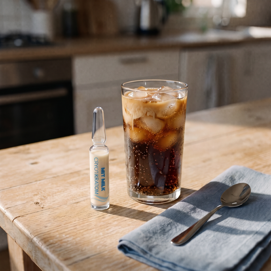 MIT MILK ampoule beside an iced cola dirty soda on a sunlit kitchen table
